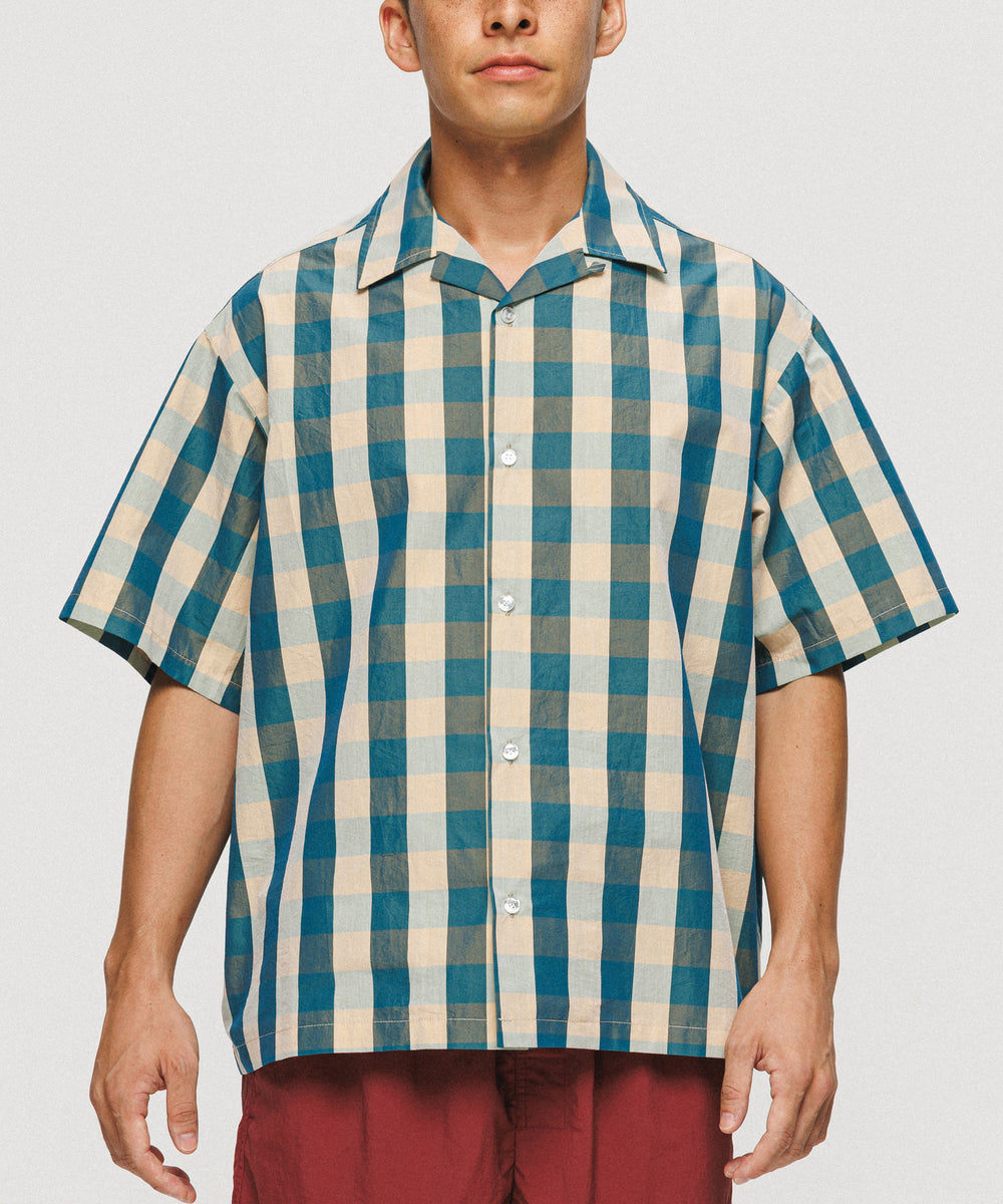 ー］Minus(マイナス)のSlash Seam Ombre Check Shirt DRUNK REDの通販