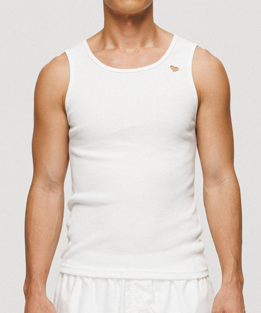 One Point Heart Cotton Rib Tank Top - White