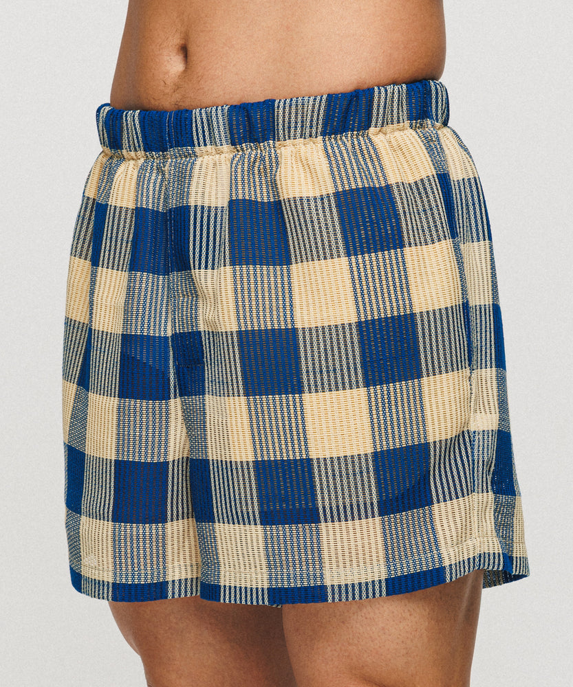 Summer Block Check Lace shorts - Ocean Veil（Blue × Yellow）