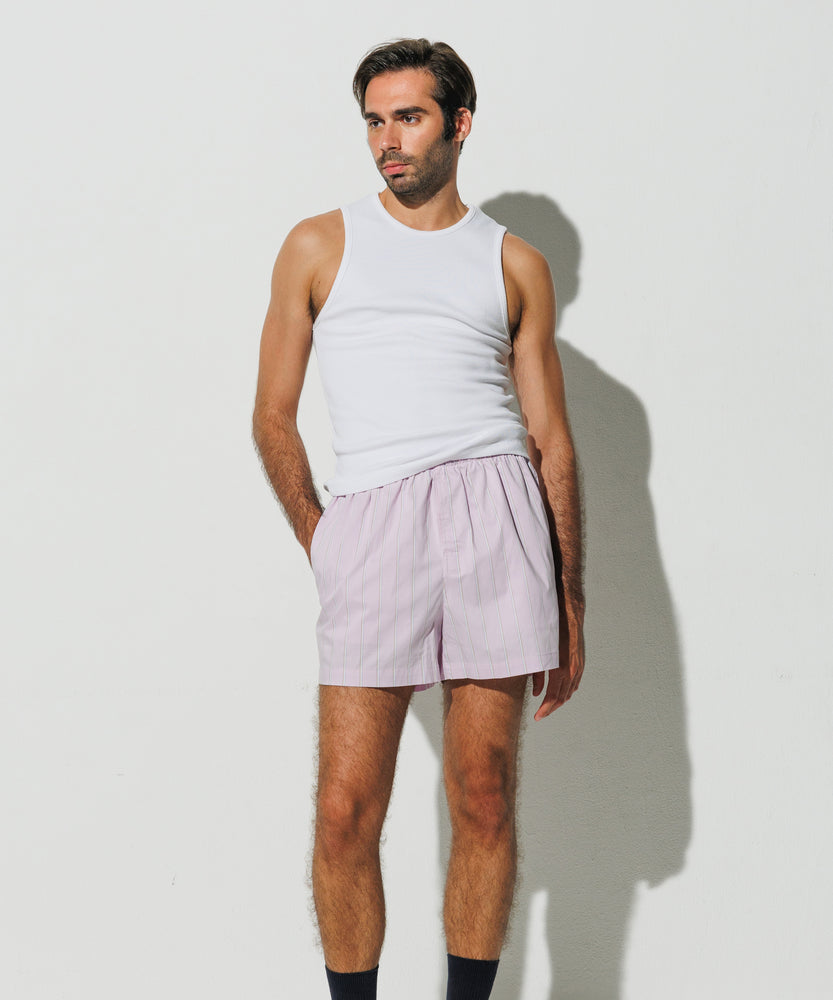 Cotton Boxer Shorts Pink Purple - Alternate Stripe in White