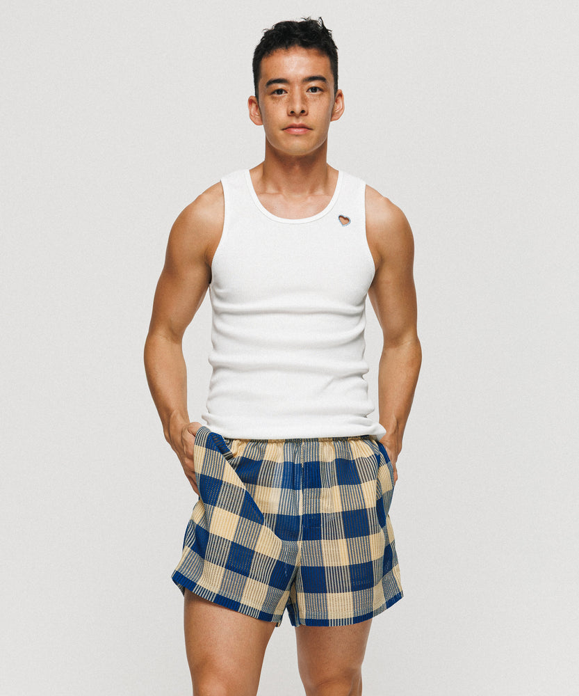 Summer Block Check Lace shorts - Ocean Veil（Blue × Yellow）