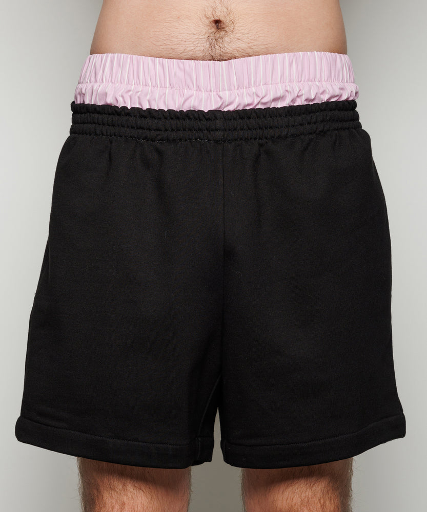 Double Waist Sweat Shorts | Black x Pink Stripes