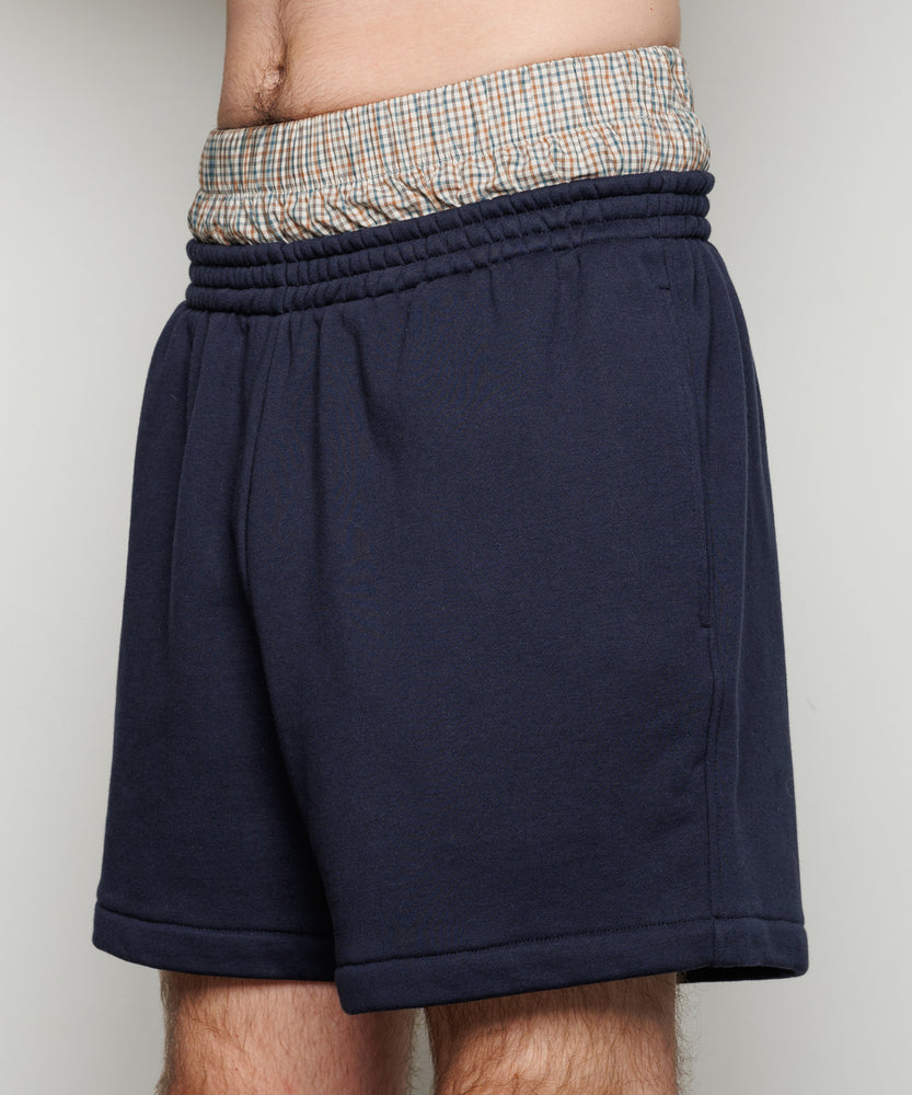 Double Waist Sweat Shorts | Navy x Poplin Check