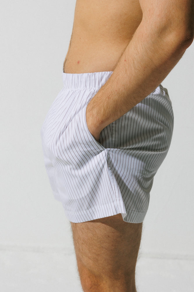 【Pre-order item】Cotton Boxer Shorts White - Pinstripe in Brown