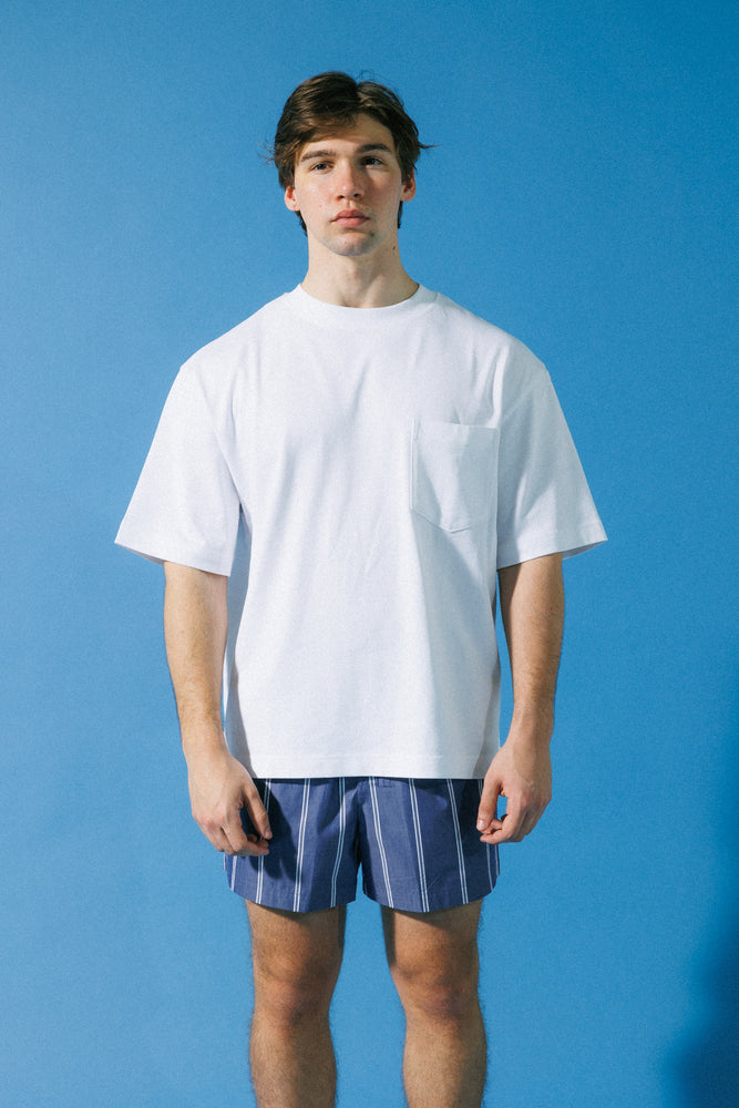 【Pre-order item】Cotton Boxer Shorts Navy - Double Stripe in White