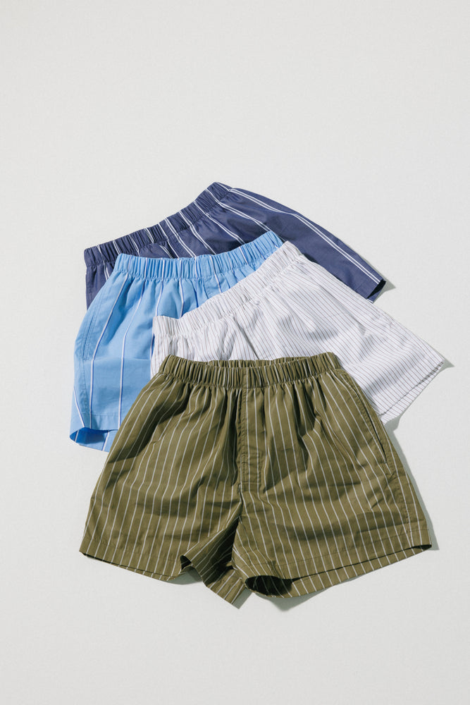 【Pre-order item】Cotton Boxer Shorts Navy - Double Stripe in White