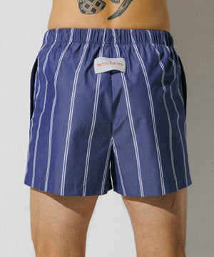 Cotton Boxer Shorts Navy - Double Stripe in White